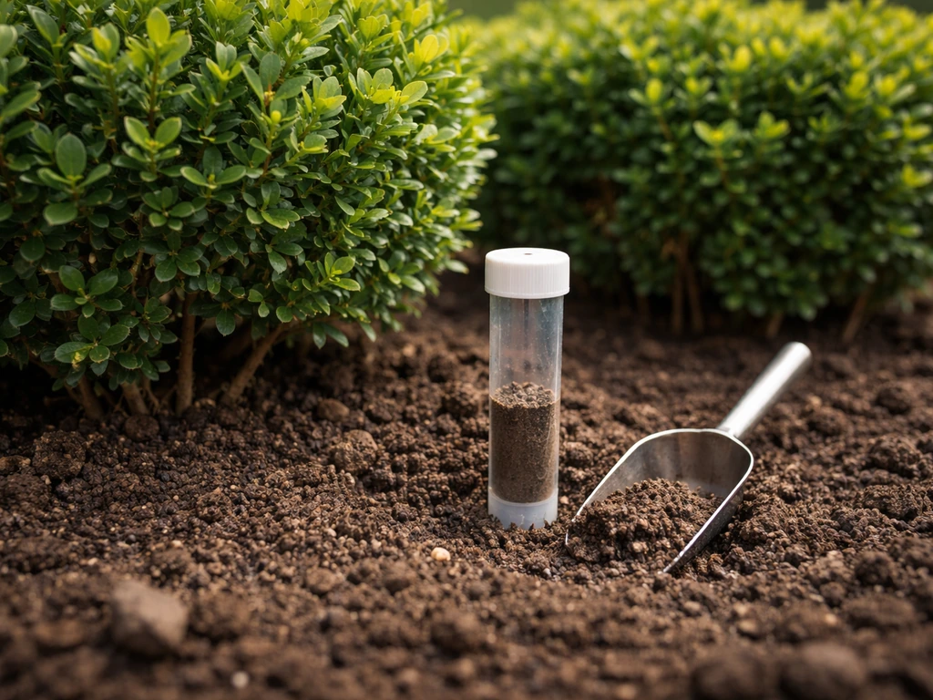 Close-up of boxwoods in soil with a small, discreet pH test kit beside the plants