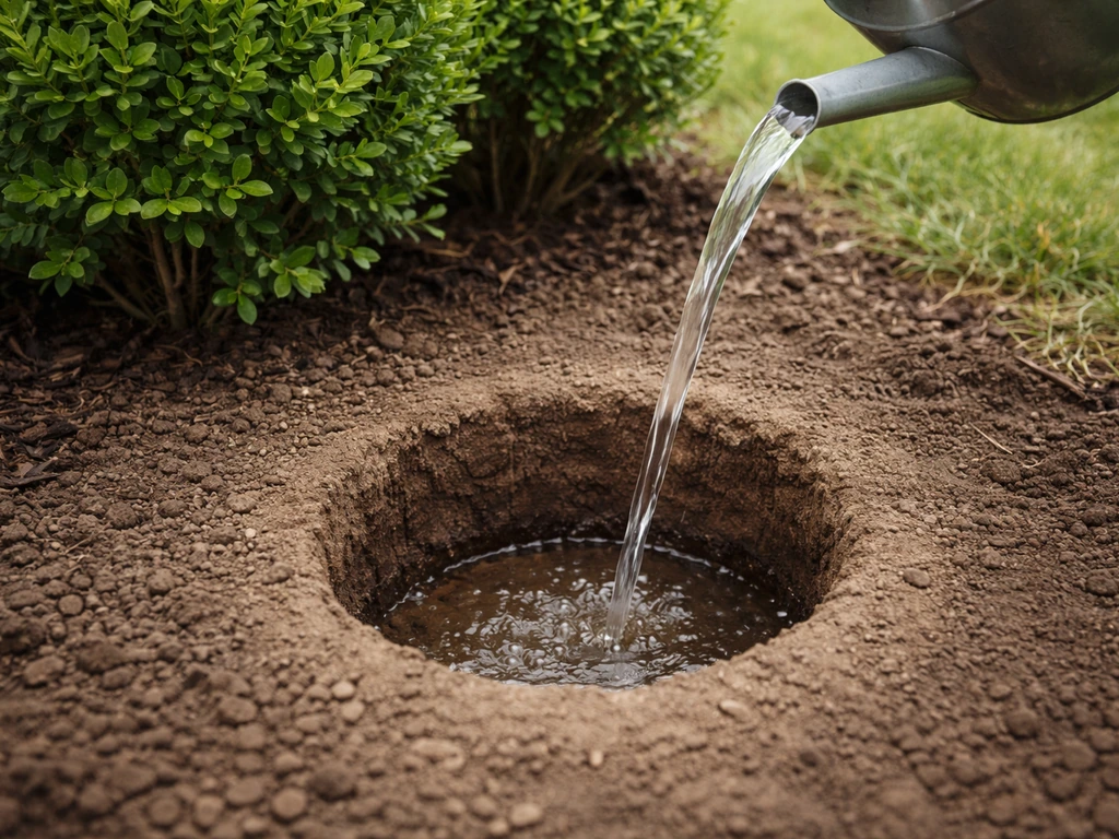 Water poured into a 12-inch test hole beside boxwoods, showing it draining into the soil.