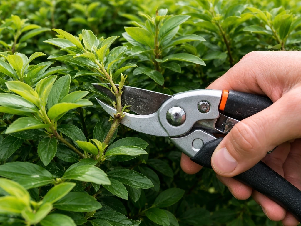 Hands prune a leafy hedge, cutting back to a side shoot to encourage branching and density.