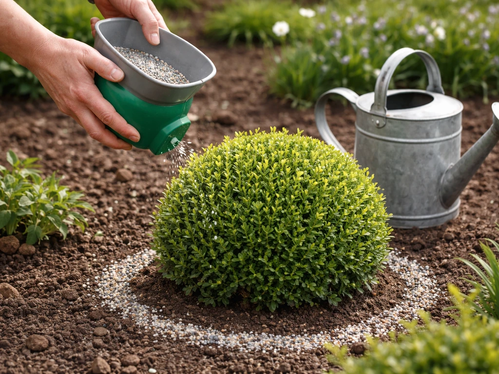 Hand-spreading slow-release fertilizer around a boxwood shrub in early spring, watering ready.