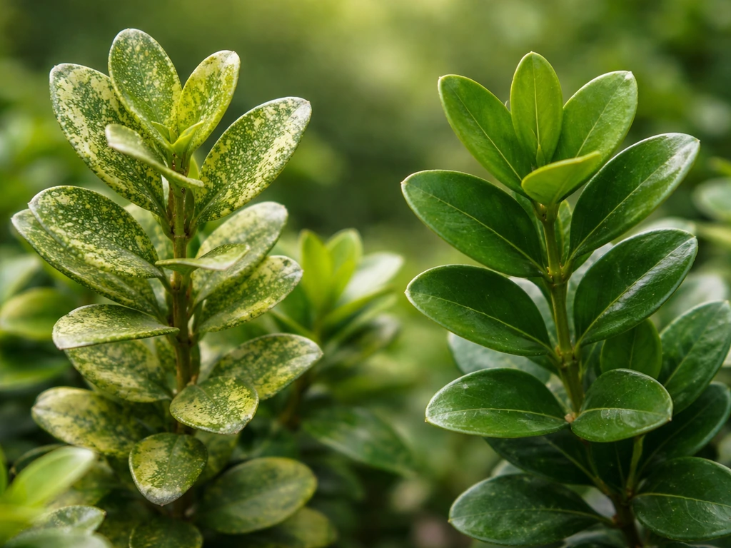 Close-up of boxwood leaves showing fine stippling damage beside healthy green foliage, with simple garden background.
