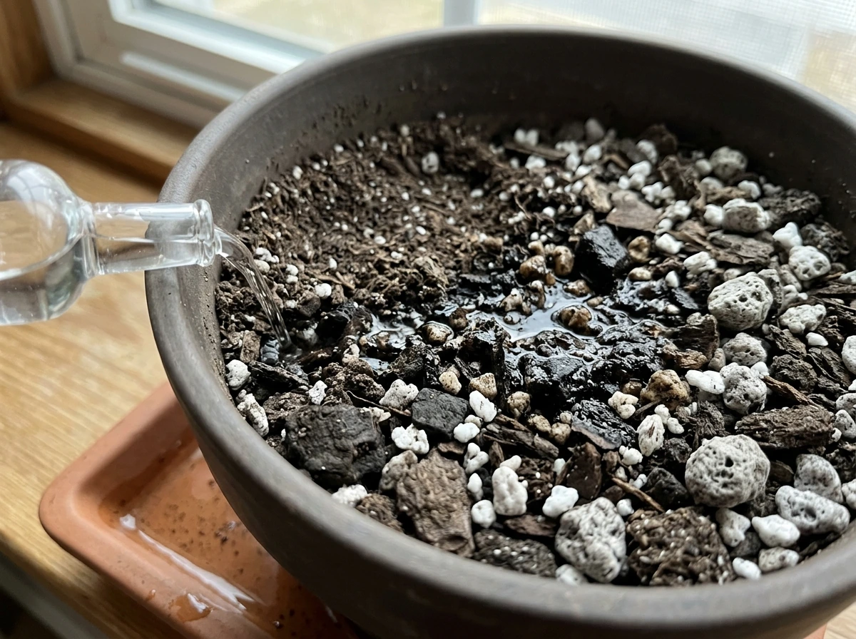 Closeup of potting mix draining well