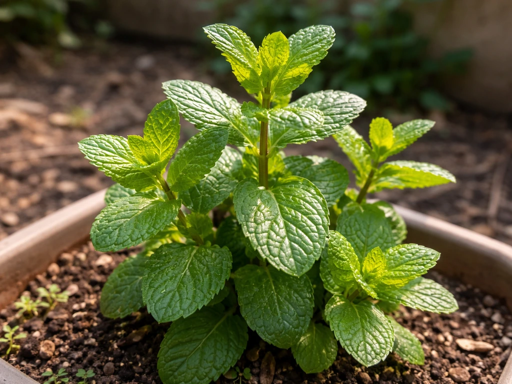 Fresh green mint plants with new leaves thriving in an outdoor container garden corner.