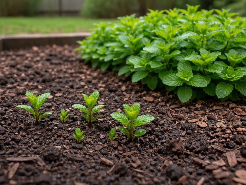 Outdoor mint bed showing early spring sprouts beside denser vivid later-season mint growth.