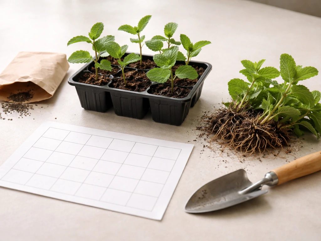 Garden planting-start materials: mint seeds, rooting cuttings tray, and divided mint clump on a soil-lined surface