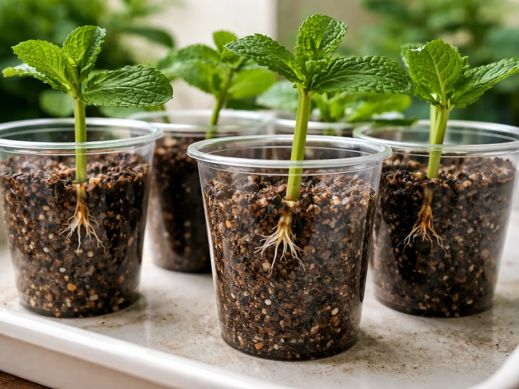 Close-up of rooted mint cuttings in clear cups with moist rooting medium and new root tips.