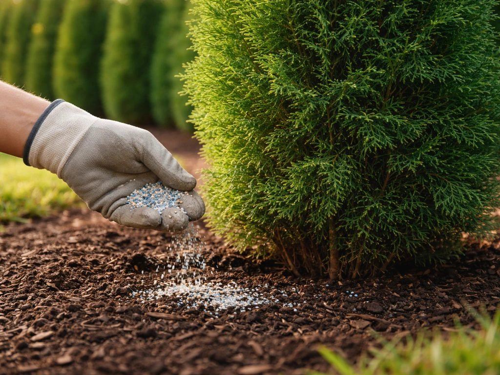 Gloved hand carefully applying granules at the base of an arborvitae hedge in natural outdoor light.