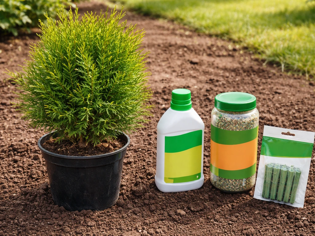 Minimal photo of a small garden pot with arborvitae branches and three fertilizer options on the soil