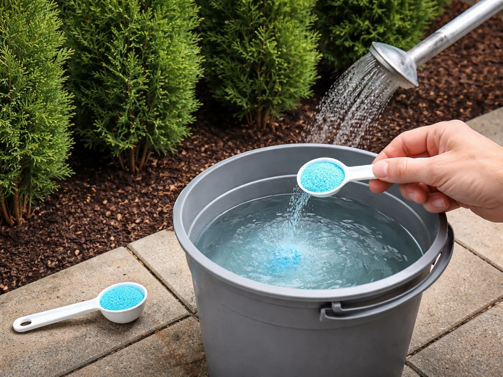 Hands mix liquid fertilizer in a bucket and water the base of arborvitae soil with a watering can.