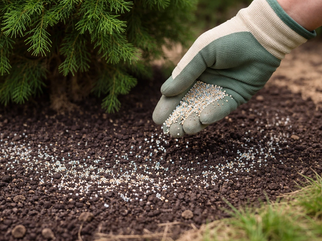 Granular slow-release plant food being scattered over soil around an arborvitae, toward the drip line.