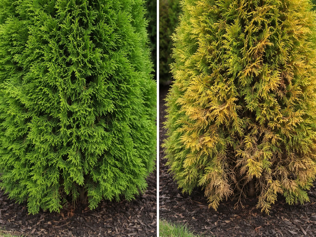 Split view of arborvitae: lush green foliage on one side, yellowing and browning tips from fertilizer burn on the other.