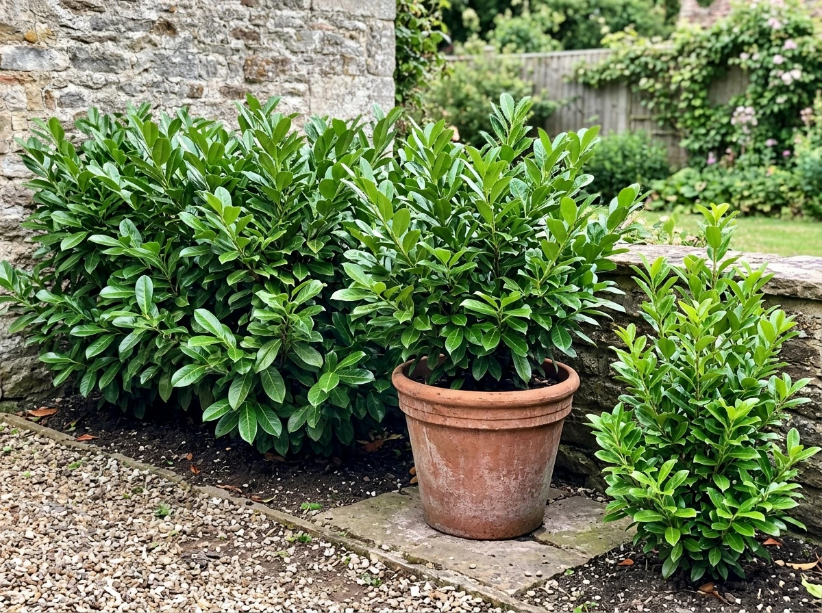 In-ground English cherry laurel and container laurel for comparing types and growing conditions.