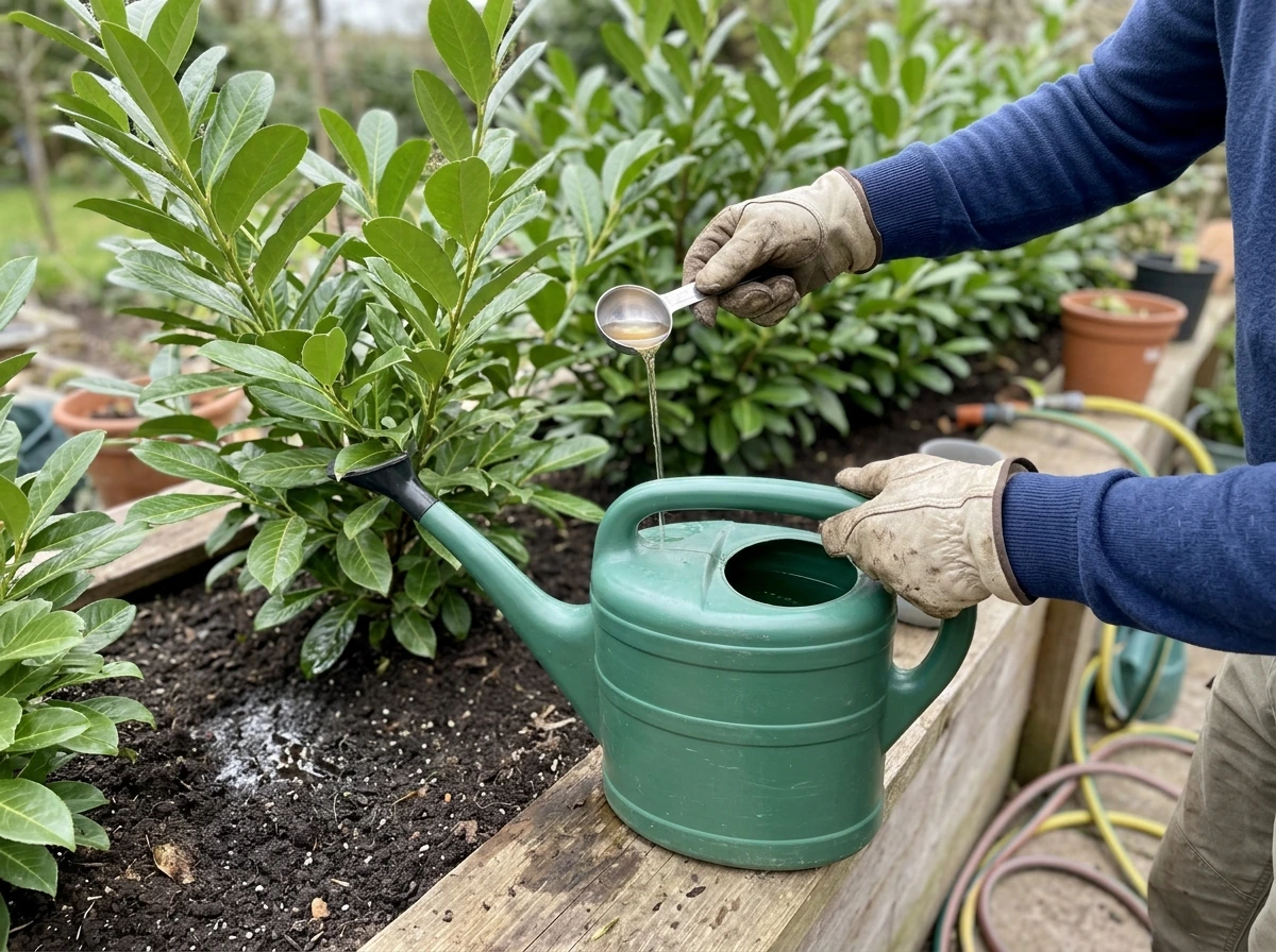 Measuring and mixing liquid plant food, then watering laurel soil carefully.