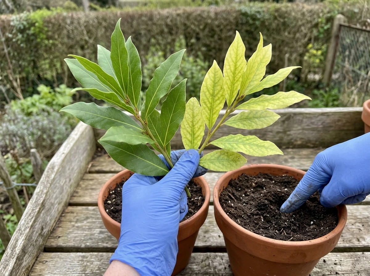 Close-up comparison of healthy vs pale/yellow laurel leaves for diagnosing hunger.