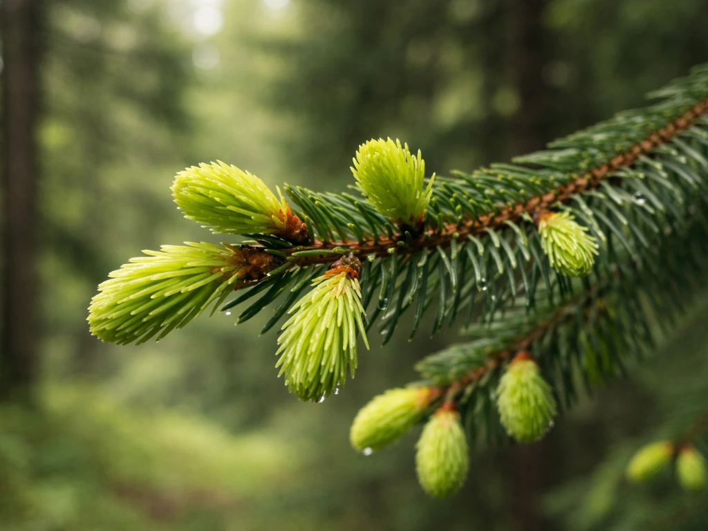 Close-up of spruce branch tips showing fresh spring shoots and early bud break texture.