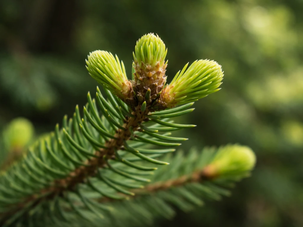 Macro close-up of a spruce branch tip showing apical buds and fresh terminal shoots emerging.