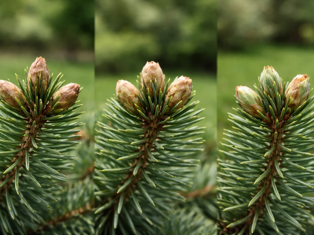 Eye-level spruce tips showing three bud-break stages: closed, swollen, and just beginning to open.