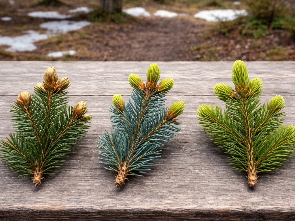 Three small spruce branches in early spring showing different bud break stages side by side