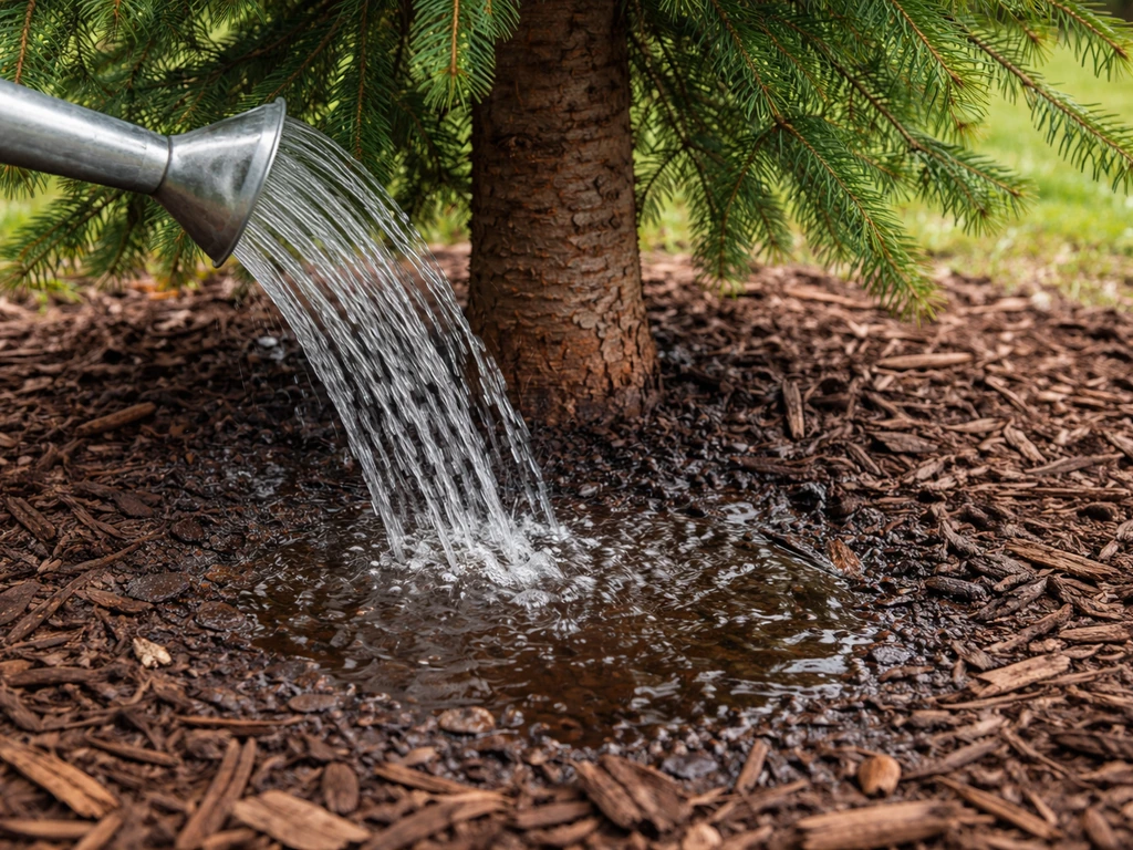 Watering a spruce at the roots with slow deep soaking into mulch and soil.