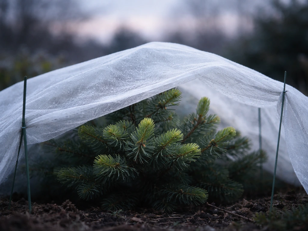 Translucent row-cover fabric draped over fresh spruce tips to protect them from an impending frost.