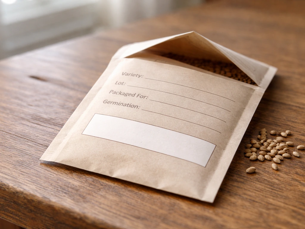 Close-up of seed packet text and variety/lot details with a few seeds beside it