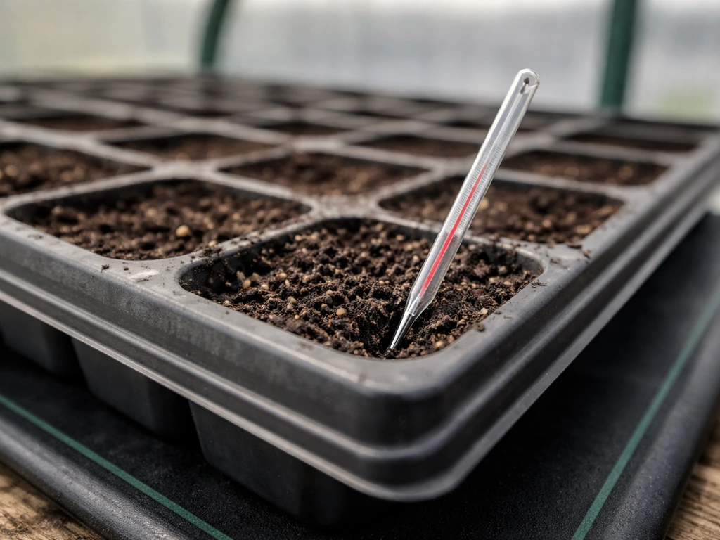 Close-up of a thermometer probing soil in a seed-starting tray on a heat mat