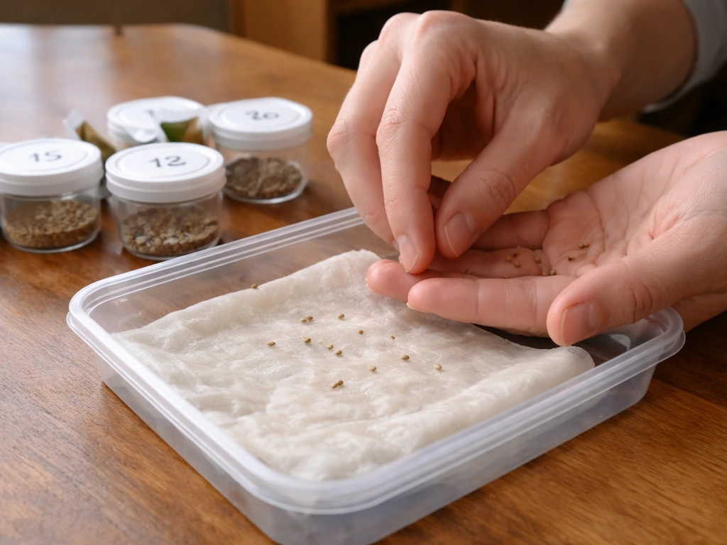 Hands placing vegetable seeds on moist paper towel in a clear germination tray with nearby labeled containers.