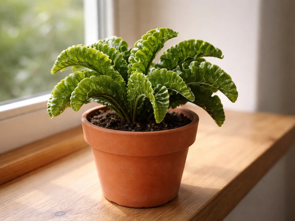 Lush taco fern in a sunlit pot indoors, suggesting a rare indoor plant find.