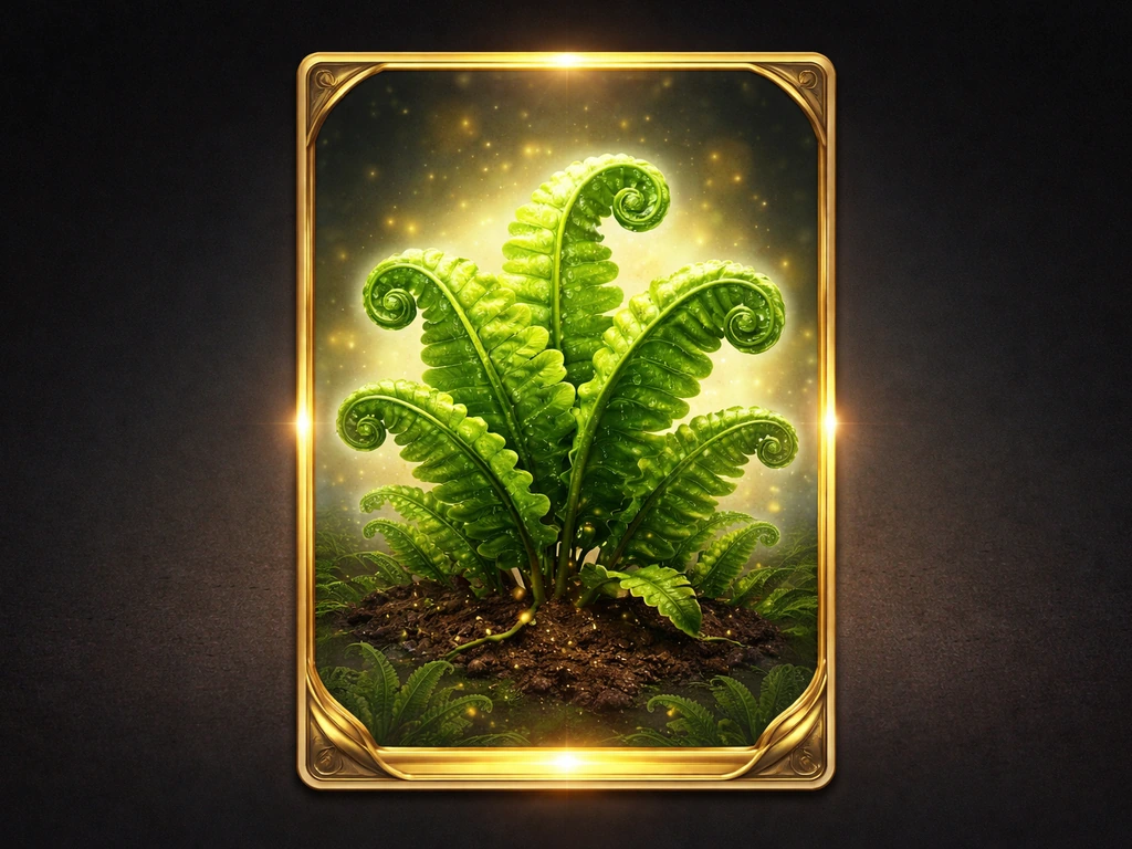 A minimal game-style plant card showing a stylized green taco fern with a soft divine glow.