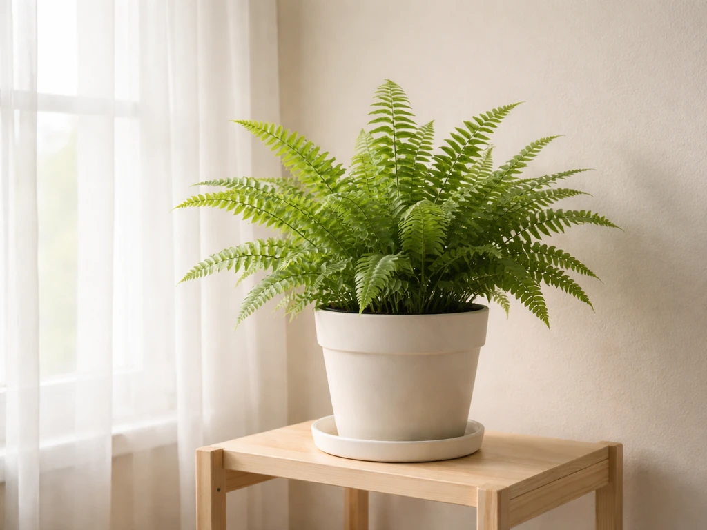 Small indoor fern in a pot placed near a bright window with soft indirect light and tidy spacing.