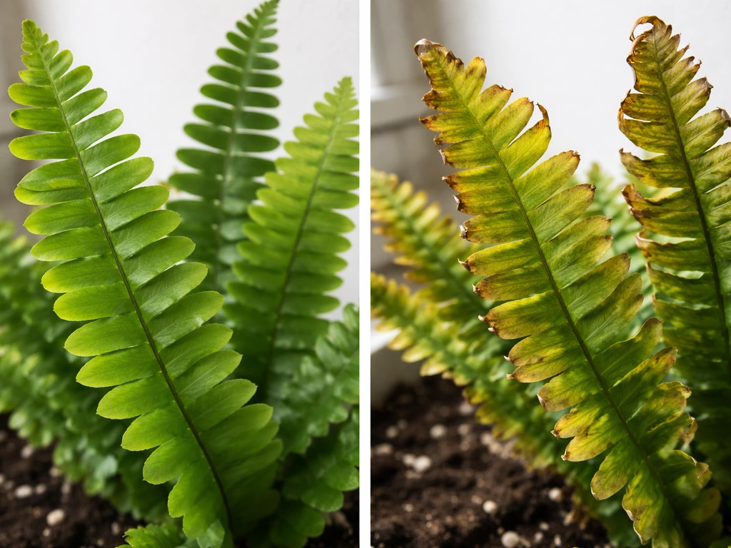 Close-up comparison of healthy and stressed fern fronds, showing yellowing and crispy brown edges.