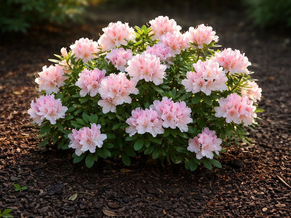 Healthy azalea with lush green leaves and colorful blooms in a garden bed