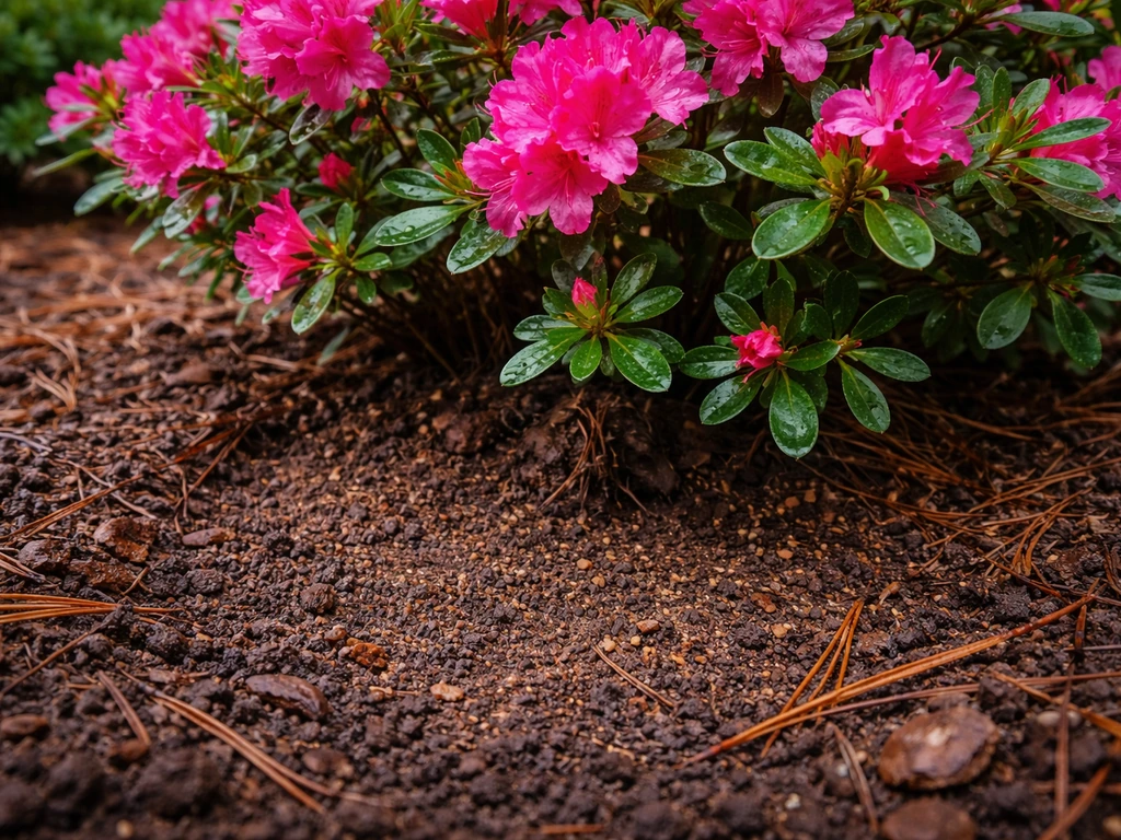Close-up of an azalea shrub beside dark, acidic mulch and needle bedding with exposed soil.