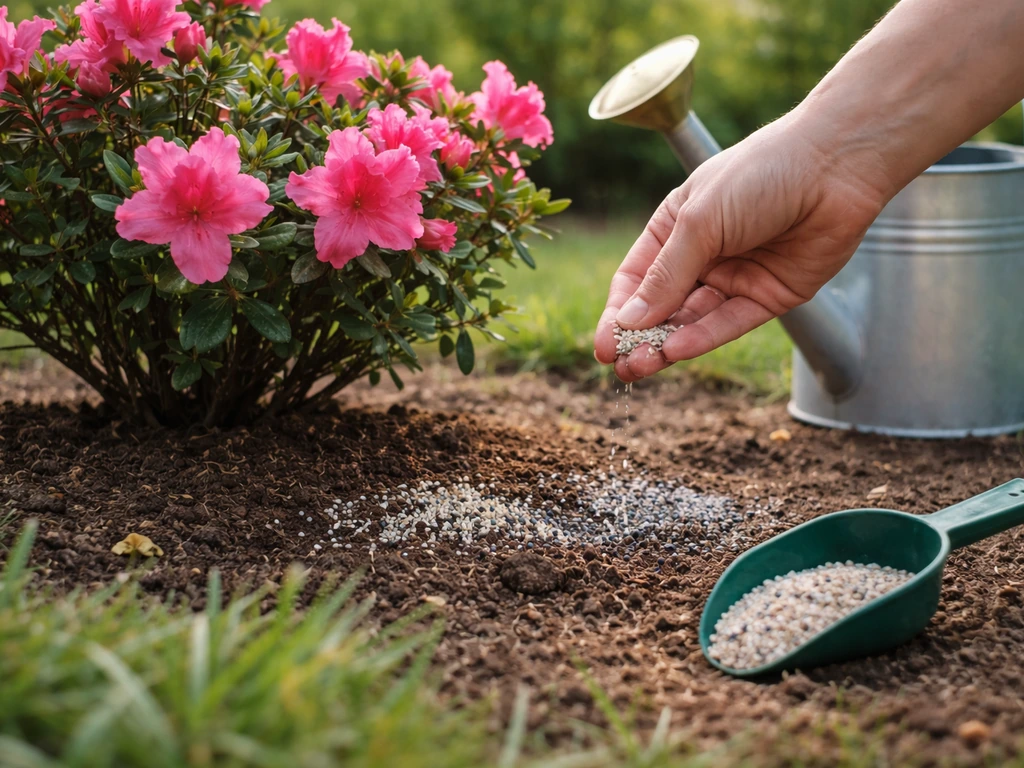 Hand gently distributes a small amount of fertilizer around an azalea root zone, watering can nearby.