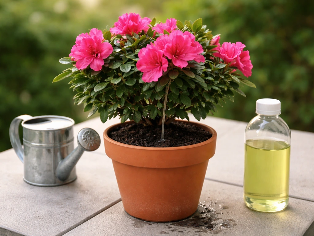 Azalea in a simple pot before and after watering, with a watering can and diluted fertilizer nearby