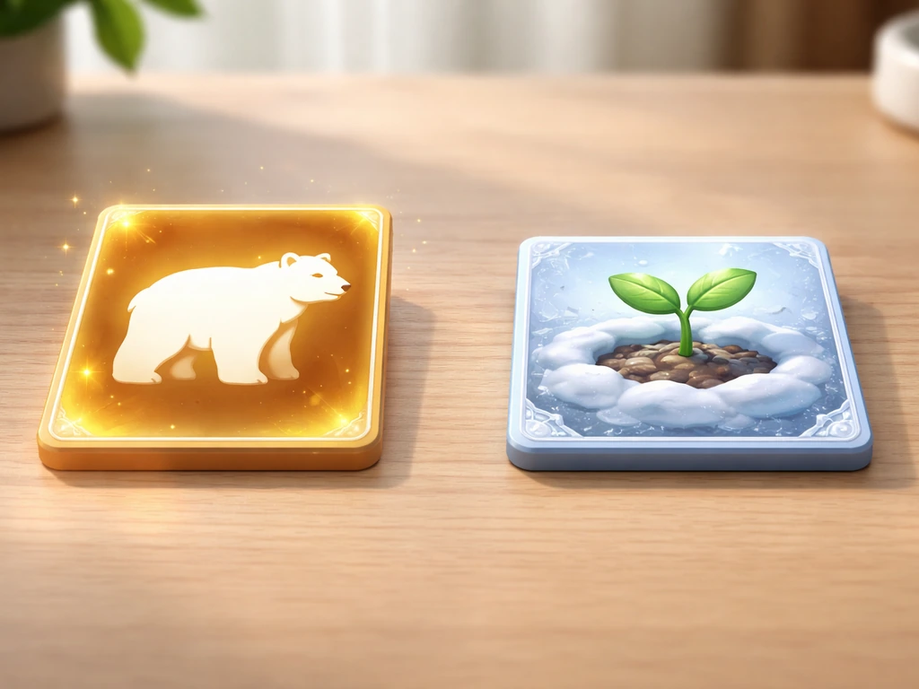 Side-by-side game-style pet token with a polar bear icon next to a plant tile on a wooden desk.