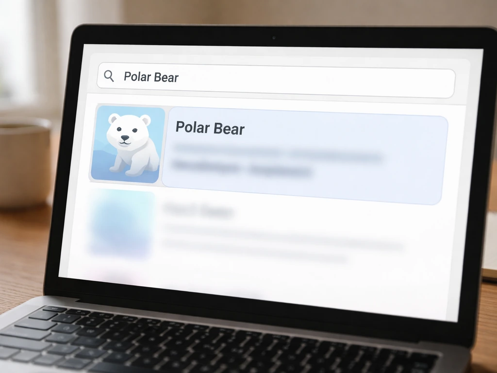 Minimal photo of a laptop screen showing a web page section with a highlighted search result for “Polar Bear.”