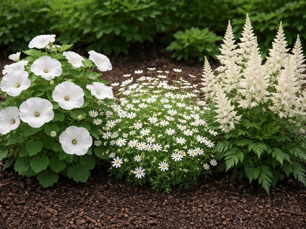 Three white-flowering annual plants in a tidy garden bed, arranged side-by-side in soft natural light.