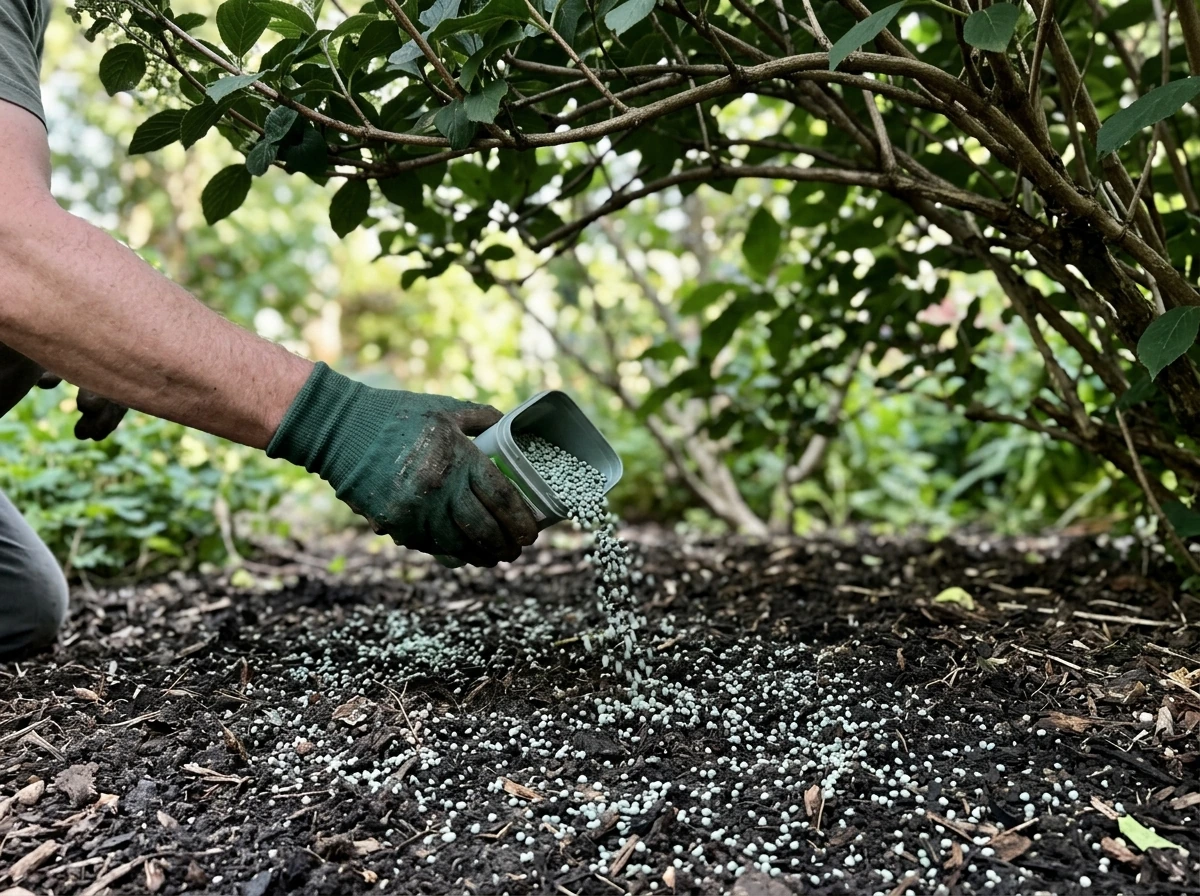 Granular Shake ’N Feed being spread evenly under shrub branches