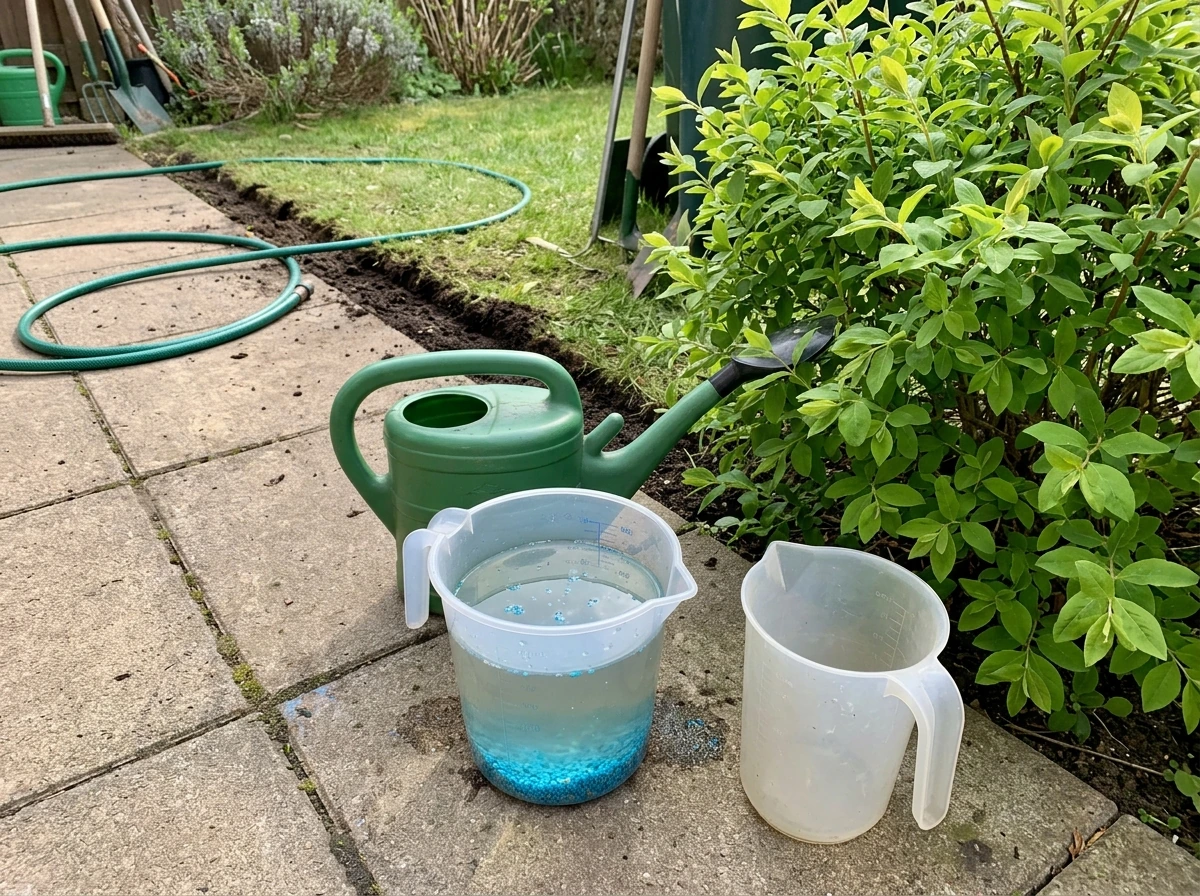 Water-soluble Miracle-Gro mixed in a watering can before feeding