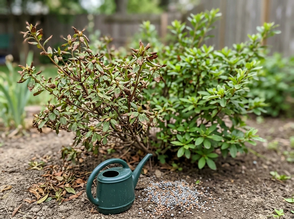 Brown leaf tips showing fertilizer burn compared to healthier leaves