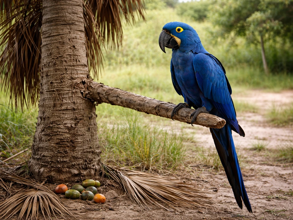 Hyacinth macaw perched beside a palm tree, showing a close connection to palm nuts in a natural habitat.