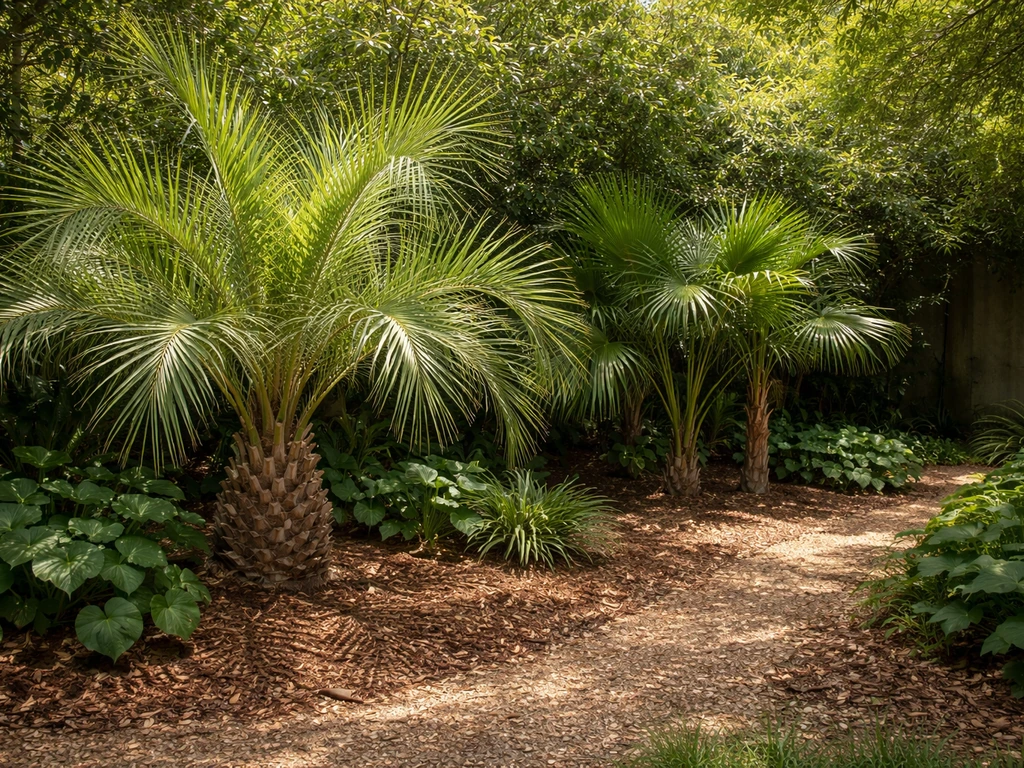 Palm-centered tropical garden cluster with a sheltered pathway feel and feathery frond plants for hyacinth macaws.