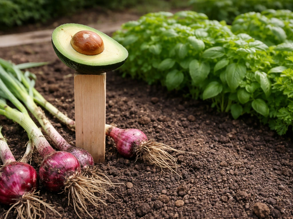 Minimal garden bed showing an avocado and onion-family plants avoided beside safe leafy herbs.