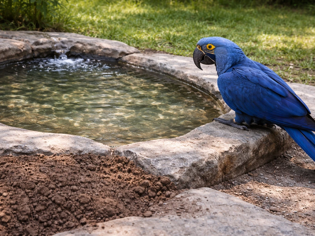 Large parrot-safe shallow water basin in partial shade with nearby damp clay-rich ground area