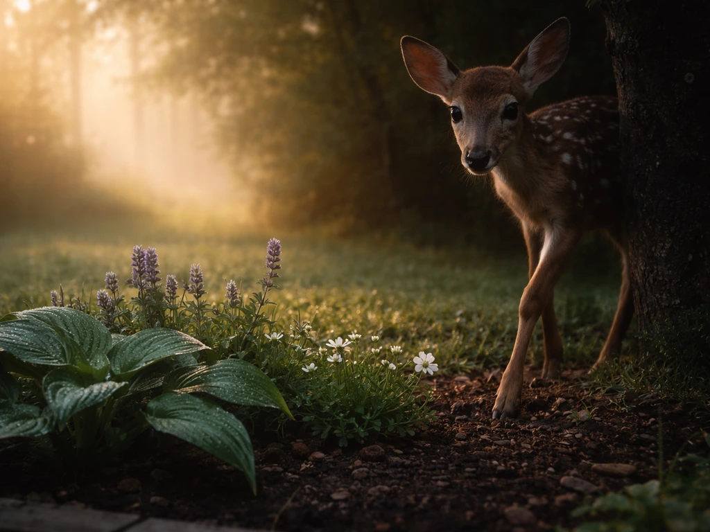 Spotted deer fawn partly in a quiet garden edge at dawn/dusk, misty light suggesting rare sightings.