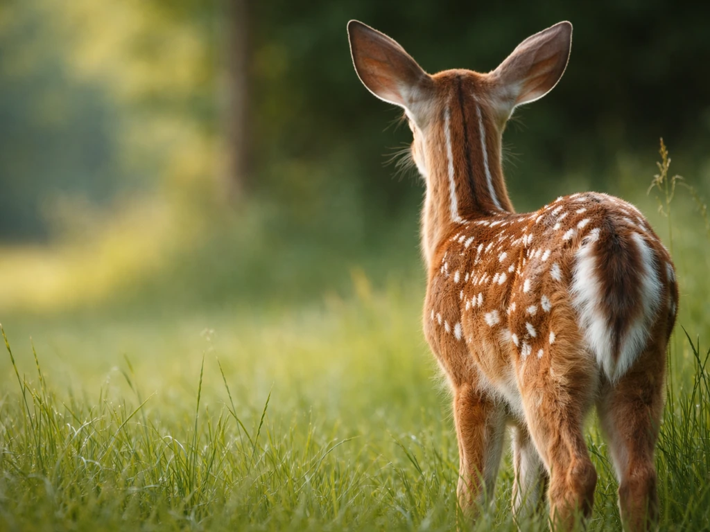 Close-up of a spotted white-tailed deer fawn’s back with clear white spots in grass.
