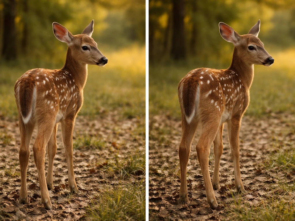 Two deer fawns in a simple forest clearing—one with clear white back spots, one with a different pattern.