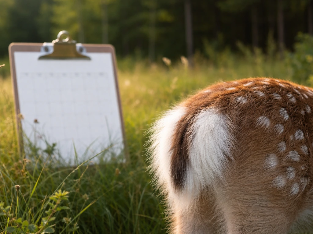 Close-up of an outdoor calendar on a clipboard with a close view of a deer tail and spots