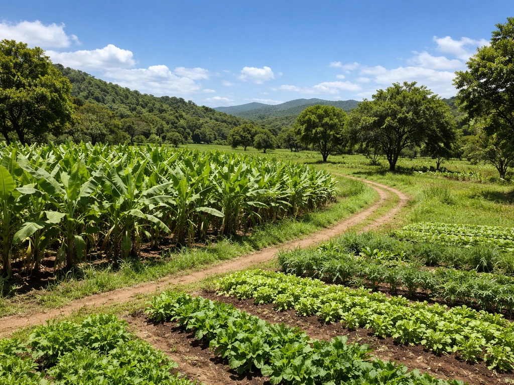 Tropical Puerto Rico farm landscape with plantain, fruit trees, and vegetable beds under bright sunlight.